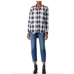 Stylekeepers Autumn Break Top Blue Plaid Cold Shoulder Tie Shirt Collar Size XS